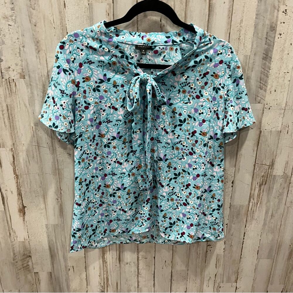 Talbots Blue Floral Neck Tie Blouse Womens Medium